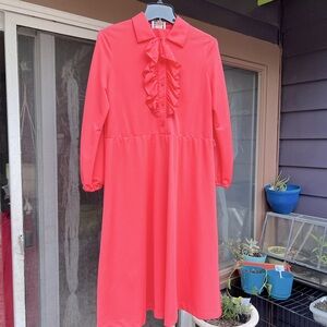 Bright coral ruffle neck dress